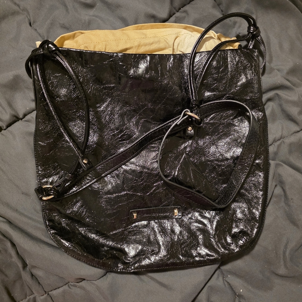 Frances Coriasia Black Crinkled Patent Leather Slouchy Crossbody Bag